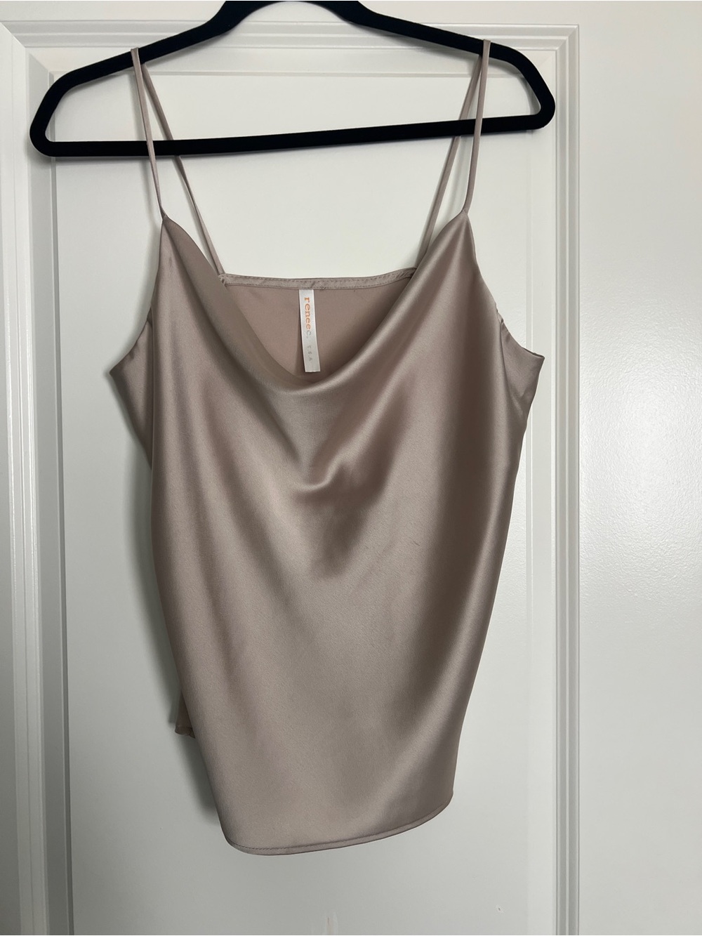 Champagne Satin Cowl Neck Top with swoop and spaghetti straps by Renee C. Size L